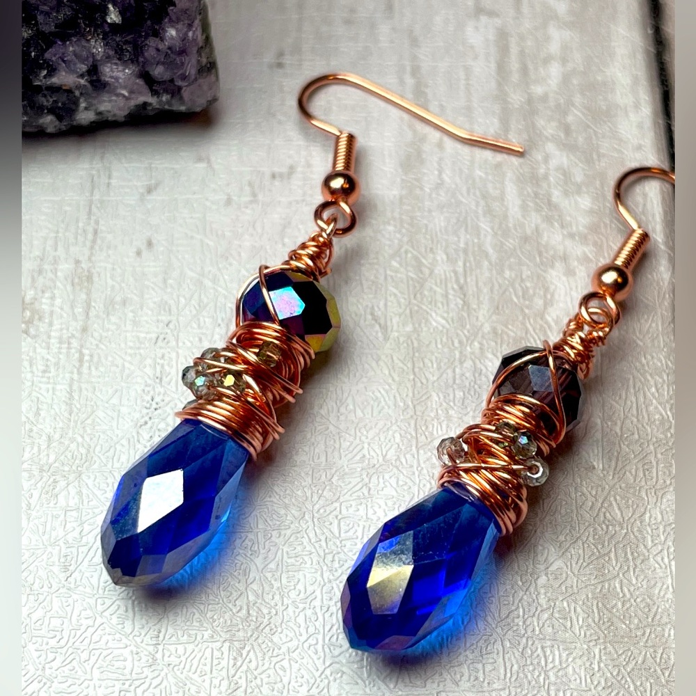 Blue Austrian Crystal Hammered Copper Chaos Wrapped Earrings Artisan Designed - Picture 4 of 17